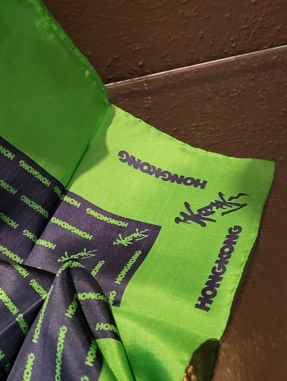 Hong Kong Blue/Green Silk Souvenir Scarf Square Vintage